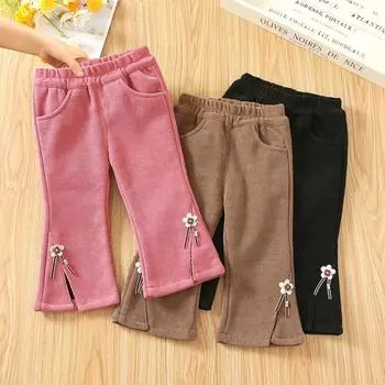 Детские утепленные брюки, зимняя одежда, теплые детские вельветовые однотонные зимние расклешенные брюки для девочек 80 чёрный