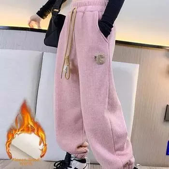 Детские утолщенные однотонные спортивные штаны с флисовой подкладкой, свободного кроя, зимние теплые детские штаны для девочек 130cm хаки