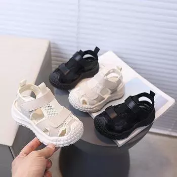 Детские, Воздухопроницаемые, Сандалии, Сетка, Обувь с каркасом, Для мальчиков, Спортивные сандалии, Детские, Противоударные, Накладки на носки, Воздухопроницаемая обувь 21 чёрный