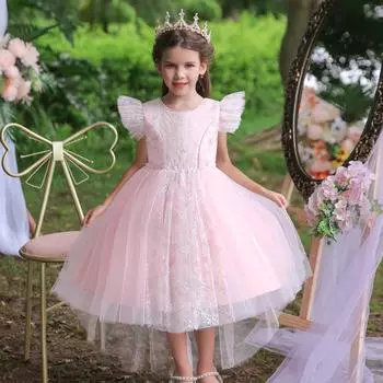 Детские вечерние платья Платье принцессы на день рождения для девочек Платье для девочек-цветочниц, ведущих подиум 1 июня Платье для выступлений в стиле иностранного стиля Юбка-пачка со шлейфом 110cm розы красного