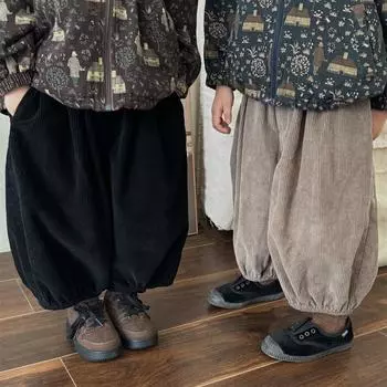 Детские вельветовые брюки Jiaye Nine-Point 2025 года для мальчиков и девочек - Ретро-лесные шаровары 120 cm серый