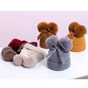 Детские вещи Двойная детская детская толстая детская зимняя вязаная шапка для младенцев шапка с помпоном для девочек теплая шапка