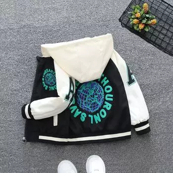 Детские весенние бейсбольные куртки Модные цветные бейсбольные куртки с капюшоном для мальчиков 3-10 лет в трендовом весенне-осеннем стиле 160 чёрный