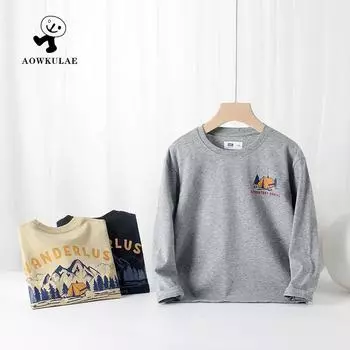 Детские весенние хлопковые футболки с длинным рукавом в корейском стиле с принтом для мальчиков 140 cm чёрный