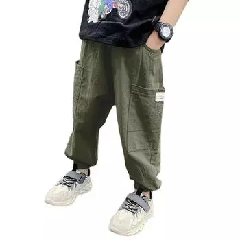 Детские весенние и летние легкие свободные повседневные брюки, спортивные штаны больших размеров 160 чёрный