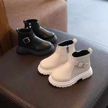 Детские весенние и осенние ботинки Martin, кожаные ботинки, детские ботинки средней высоты, боковая молния, модная обувь для мальчиков и девочек, обувь маленького и среднего размера 21 чёрный