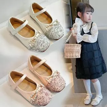 Детские весенние и осенние новые туфли принцессы со стразами, маленькие кожаные туфли, туфли с квадратным носком, мягкие нескользящие подошвы, одинарные туфли 23 бежевый