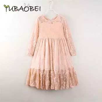 Детские весенние платья с длинными рукавами для девочек, розовое кружево с круглым вырезом, праздничное платье принцессы с бантом для маленьких девочек, детская одежда для малышей-подростков