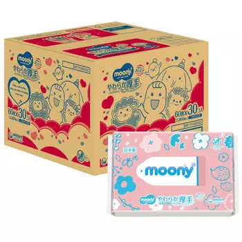[Детские влажные салфетки] Детские влажные салфетки Moony, мягкий и плотный материал, 99% чистой воды, сменный блок, 1800 листов (60 листов х 30), без добавок (без спирта, отдушек, па