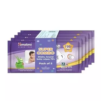 Детские влажные салфетки Himalaya Shishu Anand с алоэ вера и солодкой, 72 салфетки (Пакет из 5) | Сбалансированный pH | Мягкий для кожи | Клинически протестирован