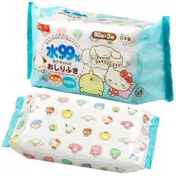 Детские влажные салфетки LEC Sanrio pure water 80 листов x 3 Произведено в Японии 99% без добавок белый