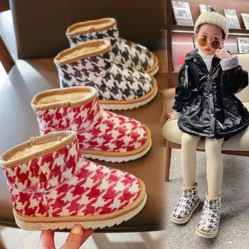Детские водонепроницаемые зимние сапоги, зимние теплые хлопковые сапоги для девочек, 2024, новые модные ботильоны с узором «гусиная лапка» для мальчиков, Прямая поставка, унисекс 23 красный