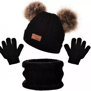 Детские вязаные теплые шапки с 1 парой перчаток и шарфовТеплая зима One Size