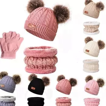 Детские вязаные теплые шапки с 1 парой перчаток и шарфовТеплая зима One Size бежевый