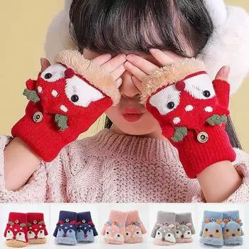 Детские вязаные варежки с рисунком оленя, теплые зимние, на бархатной подкладке, с застежкой-полупальцем, для учеников начальной школы. Plush, elk синий