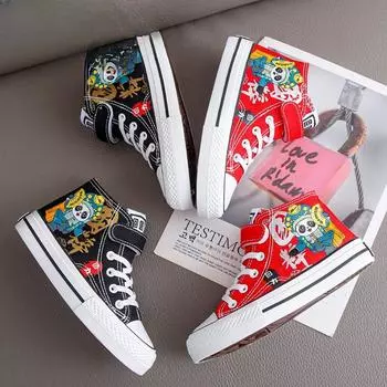Детские высокие парусиновые туфли для мужчин и женщин, весна и лето, новые повседневные универсальные туфли с рисунком на доске 30