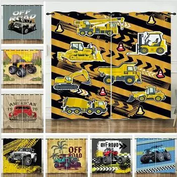 Детские занавески с изображением поезда и машин для мальчиков, строительные машины, занавески для окон для подростков, спальни, гостиной, домашнего декора, 2 панели W60H60(CM)x2pcs&HOOK