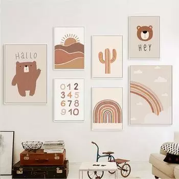 Детские животные Медведь Альпака стены книги по искусству печать на холсте Радуга Единорог цифры картины алфавит плакат на скандинавскую тему для декора детской комнаты 21cm30cm NoFrame