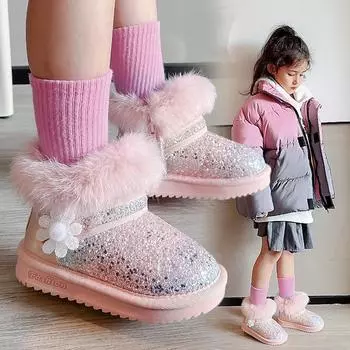 Детские зимние ботинки 0-10 лет для девочек, розовые, зимние, теплые, плюшевые, короткие ботинки на платформе 23 розовый