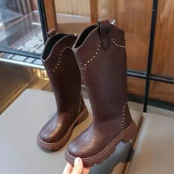 Детские зимние ботинки черного коричневого цвета, повседневные, для девочек, хлопковые ботинки до середины голени, модные тенденции, универсальные, детские, подиумные, кожаные ботинки на молнии 26 чёрный