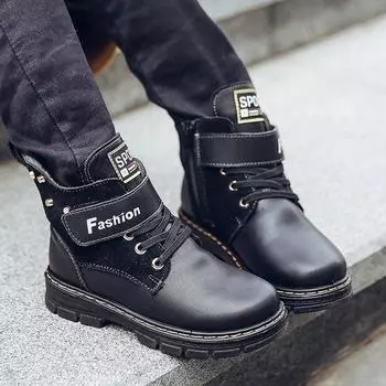 Детские зимние ботинки для мальчиков. Удобная повседневная обувь. Зимние теплые детские кожаные ботинки. 26 чёрный