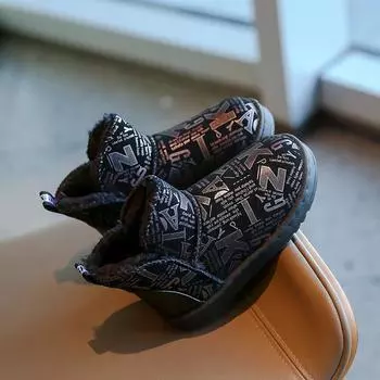 Детские зимние ботинки для снега Новые водонепроницаемые ботильоны для мальчиков Большие хлопковые ботинки для девочек Плюс Кашемировые зимние ботинки для снега 19 чёрный