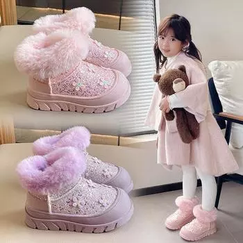 Детские зимние ботинки из толстого флиса для девочек, хлопковая обувь, модная блестящая теплая обувь, новые зимние детские ботильоны Zapatos Nia 23 фиолетовый