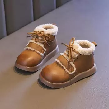 Детские зимние ботинки на толстой подошве, модные детские теплые плюшевые хлопковые ботинки в корейском стиле, повседневные ботильоны из искусственной кожи с круглым носком для девочек 23 коричневый