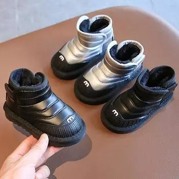 Детские зимние ботинки новые зимние для мальчиков с начесом утолщенные хлопковые ботинки для девочек водонепроницаемые и нескользящие детские зимние хлопковые ботинки 21 чёрный