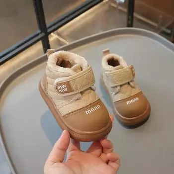 Детские зимние ботинки с круглым носком из меха, модные детские короткие ботинки, нескользящие, зимние новые модные ботинки для мальчиков и девочек на липучке 2024 года 21 чёрный