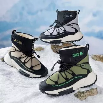 Детские зимние ботинки с плюшем и утолщенными водонепроницаемыми хлопковыми ботинками, противоскользящие и зимние ботинки на липучках из хлопка 34 бежевый