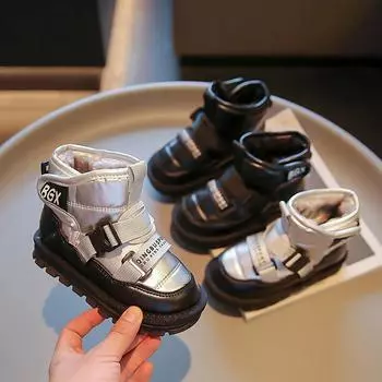 Детские зимние ботинки, толстые хлопковые ботинки для девочек в корейском стиле, зимние детские ботинки нового стиля, водонепроницаемые короткие ботинки для мальчиков 25 чёрный