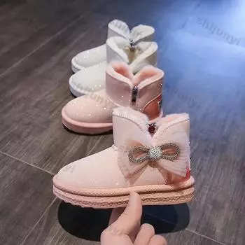 Детские зимние ботинки, утолщенные плюшевые теплые ботинки со стразами и бантом, нескользящие теплые ботинки для девочек, зимняя теплая детская обувь на подкладке 26 insole17CM розовый