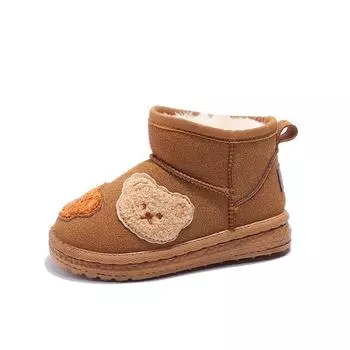 Детские зимние ботинки в корейском стиле с вышитым маленьким медвежонком, зимние толстые плюшевые для мальчиков и девочек 17 коричневый