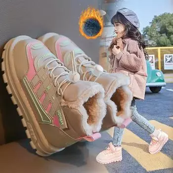 Детские зимние ботинки, водонепроницаемые ботинки для девочек, походные ботинки для зимы, зимняя плюшевая детская хлопковая обувь, теплая зимняя обувь для девочек с меховой отделкой 26 чёрный