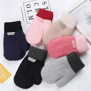 Детские зимние двухслойные толстые теплые вязаные перчатки с полной вышивкой пальцев, варежки чёрный