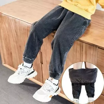 Детские зимние джинсы плюс утолщенный бархат детские теплые повседневные джинсовые брюки Рождество 110 чёрный