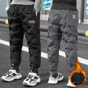 Детские зимние хлопковые брюки для мальчиков, толстые бархатные брюки, зимняя одежда, теплые брюки для мальчиков на улице 160 чёрный