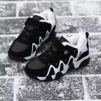 Детские зимние хлопковые кроссовки, сохраняющие тепло, прогулочные кроссовки для мальчиков и девочек, кожаная спортивная обувь с плюшем 28 синий