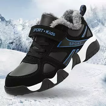 Детские зимние хлопковые кроссовки, сохраняющие тепло, прогулочные кроссовки для мальчиков и девочек, кожаная спортивная обувь с плюшем 28 синий