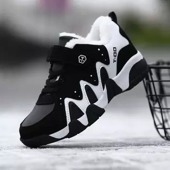 Детские зимние хлопковые кроссовки, сохраняющие тепло, прогулочные кроссовки для мальчиков и девочек, кожаная спортивная обувь с плюшем 28 чёрный