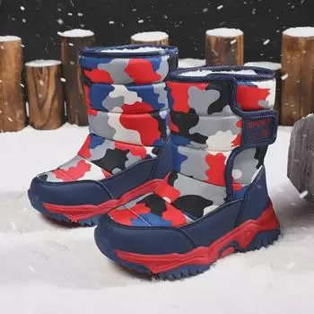 Детские зимние камуфляжные высокие ботинки для снега 2024 года — с теплой бархатной подкладкой, доступны в нескольких цветах 28