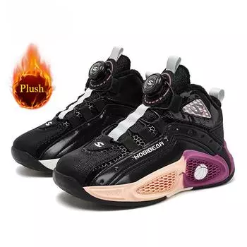 Детские зимние кроссовки Теплые плюшевые баскетбольные кроссовки для мальчиков Спортивная обувь без шнурков Износостойкие дышащие кроссовки для бега 33 синий/чёрный