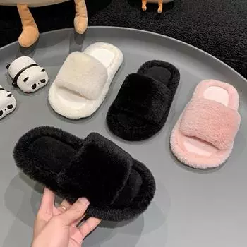 Детские зимние меховые тапочки с открытым носком для девочек, теплые домашние тапочки, однотонные, простые, универсальные, детские, модные, повседневные, на плоской подошве 26-27 чёрный