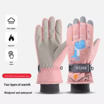 Детские зимние перчатки для катания на лыжах и велосипеде с сенсорным экраном — нескользящие, теплые, из толстого бархата, с защитой от холода, женский дизайн. One Size, Model HXT-003 красный