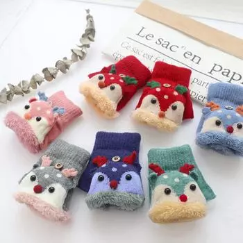 Детские зимние перчатки с рисунком оленя, рождественские варежки с откидной крышкой на полпальца для девочек и мальчиков, теплые перчатки без пальцев с плюшевой подкладкой темно-синий