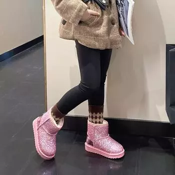 Детские зимние плюшевые зимние сапоги с пайетками, теплые удобные детские ботильоны с толстой подошвой, нескользящие, повседневная обувь для мальчиков и девочек 25 чёрный