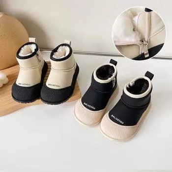 Детские зимние сапоги для девочек, модные толстые плюшевые зимние меховые сапоги для мальчиков, повседневные сапоги с защитой пальцев ног в стиле пэчворк 15 чёрный