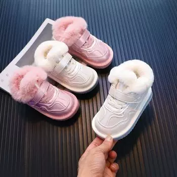 Детские зимние сапоги для снега, модная водонепроницаемая обувь из искусственной кожи для мальчиков и девочек, толстые короткие сапоги, симпатичная розовая повседневная обувь 22 чёрный