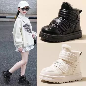 Детские зимние сапоги из бархата, теплые, хлопковые, зимние, средние и старшие, короткие, детские, на липучках, большие, хлопковые, ботинки 26 чёрный